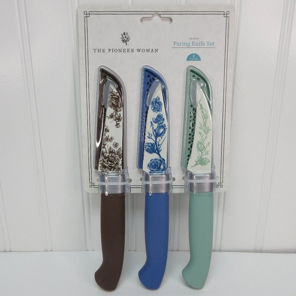 Pioneer Woman Agatha Floral Paring Knife Set Stainless Steel Green Blue Brown 3p